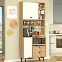 Madie|Credenze > Dmora Credenza Marrone Rovere Bianco 3 Ripiani 6 Vani 180x40x81h cm, 4 Ante - Coste Bianco, Marrone Rovere