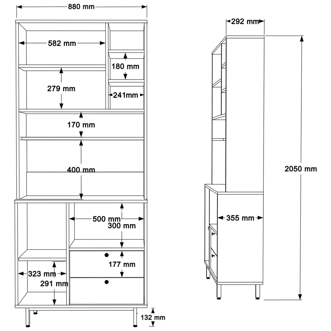 Madie|Credenze > Dmora Credenza Marrone Rovere Bianco 3 Ripiani 6 Vani 180x40x81h cm, 4 Ante - Coste Bianco, Marrone Rovere