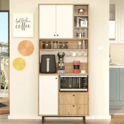 Madie|Credenze > Dmora Credenza Marrone Rovere Bianco 3 Ripiani 6 Vani 180x40x81h cm, 4 Ante - Coste Bianco, Marrone Rovere