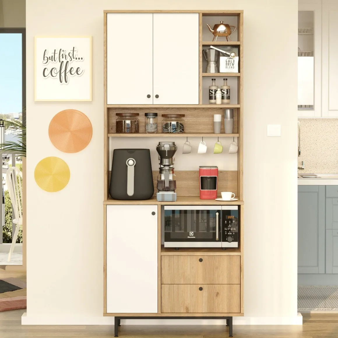 Madie|Credenze > Dmora Credenza Marrone Rovere Bianco 3 Ripiani 6 Vani 180x40x81h cm, 4 Ante - Coste Bianco, Marrone Rovere