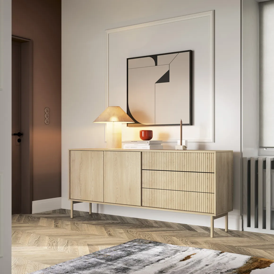 Credenza Marrone Rovere 3 Cassetti 2 Ripiani 187x40x80h cm, Apertura Battente, Scorrevole - Haza