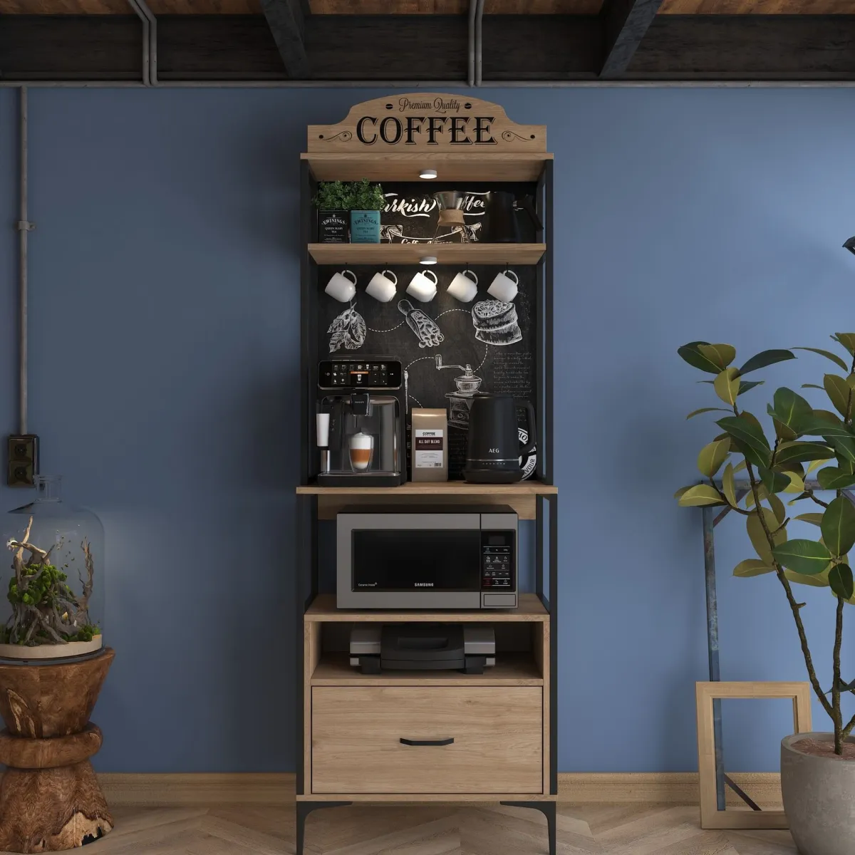Madie|Credenze > Dmora Credenza Marrone Rovere Nero 2 Ripiani un Cassetto 70x40x207h cm, Apertura Scorrevole - Nemol Nero, Marrone Rovere