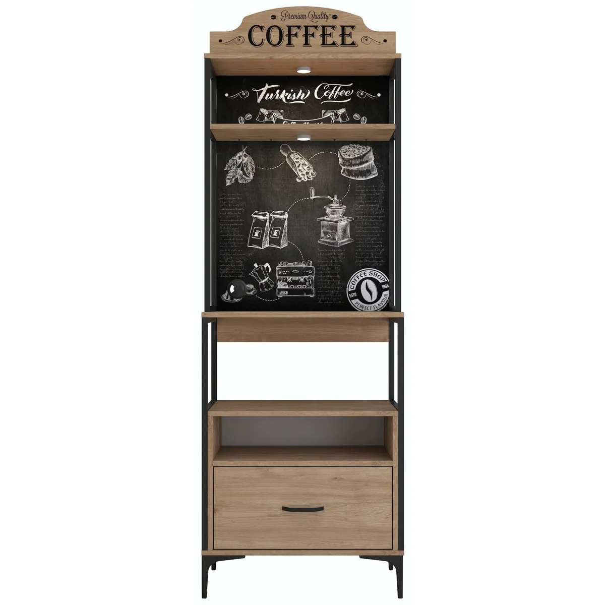 Madie|Credenze > Dmora Credenza Marrone Rovere Nero 2 Ripiani un Cassetto 70x40x207h cm, Apertura Scorrevole - Nemol Nero, Marrone Rovere