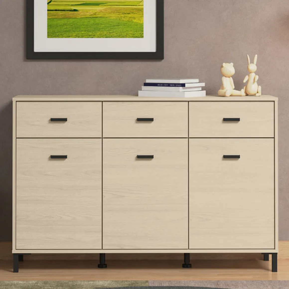 Credenza Marrone Rovere Nero 3 Cassetti 3 Ripiani 138x40x90h cm, Apertura Battente e Scorrevole - Quassolo
