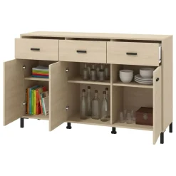 Credenza Marrone Rovere Nero 3 Cassetti 3 Ripiani 138x40x90h cm, Apertura Battente e Scorrevole - Quassolo