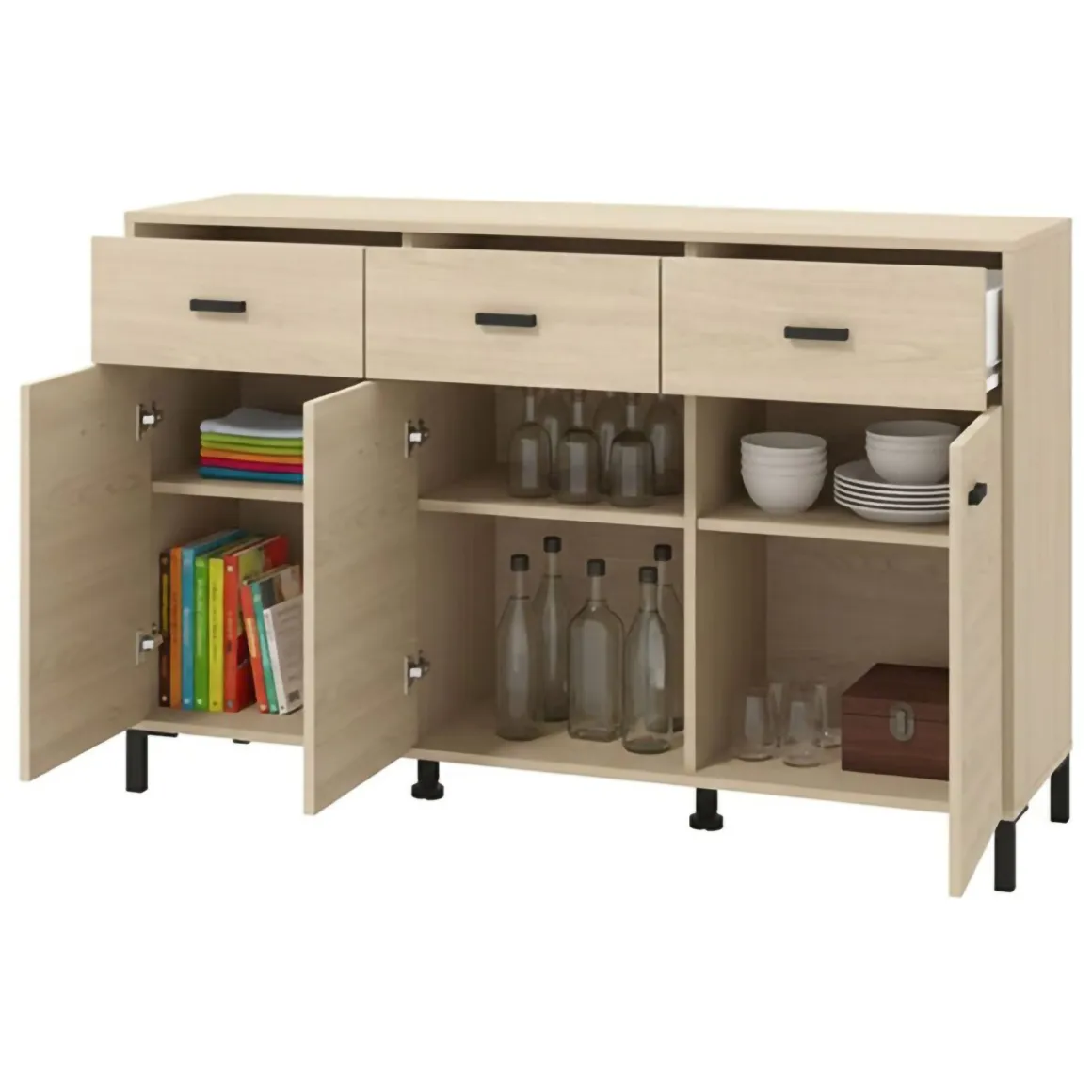 Credenza Marrone Rovere Nero 3 Cassetti 3 Ripiani 138x40x90h cm, Apertura Battente e Scorrevole - Quassolo
