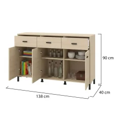 Credenza Marrone Rovere Nero 3 Cassetti 3 Ripiani 138x40x90h cm, Apertura Battente e Scorrevole - Quassolo