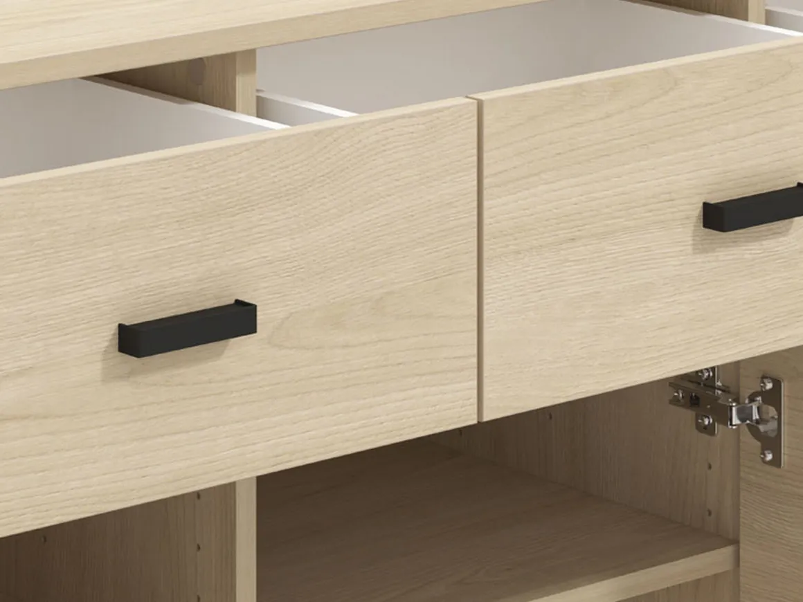 Credenza Marrone Rovere Nero 3 Cassetti 3 Ripiani 138x40x90h cm, Apertura Battente e Scorrevole - Quassolo