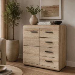 Credenza Marrone Rovere Nero 4 Cassetti 2 Ripiani 80x42x87h cm, Apertura Battente, Scorrevole - Hamo