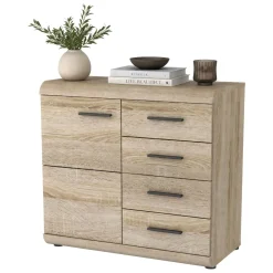 Credenza Marrone Rovere Nero 4 Cassetti 2 Ripiani 80x42x87h cm, Apertura Battente, Scorrevole - Hamo