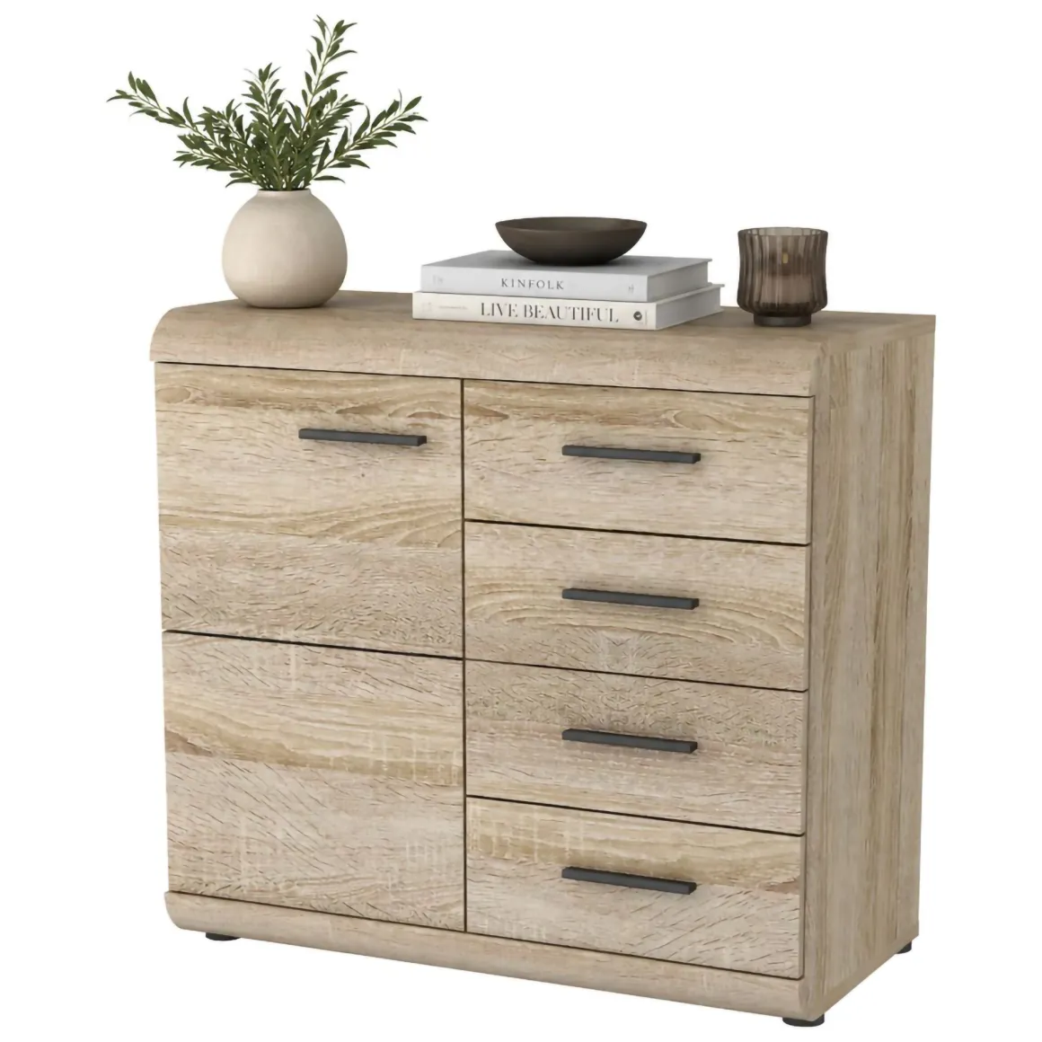 Credenza Marrone Rovere Nero 4 Cassetti 2 Ripiani 80x42x87h cm, Apertura Battente, Scorrevole - Hamo