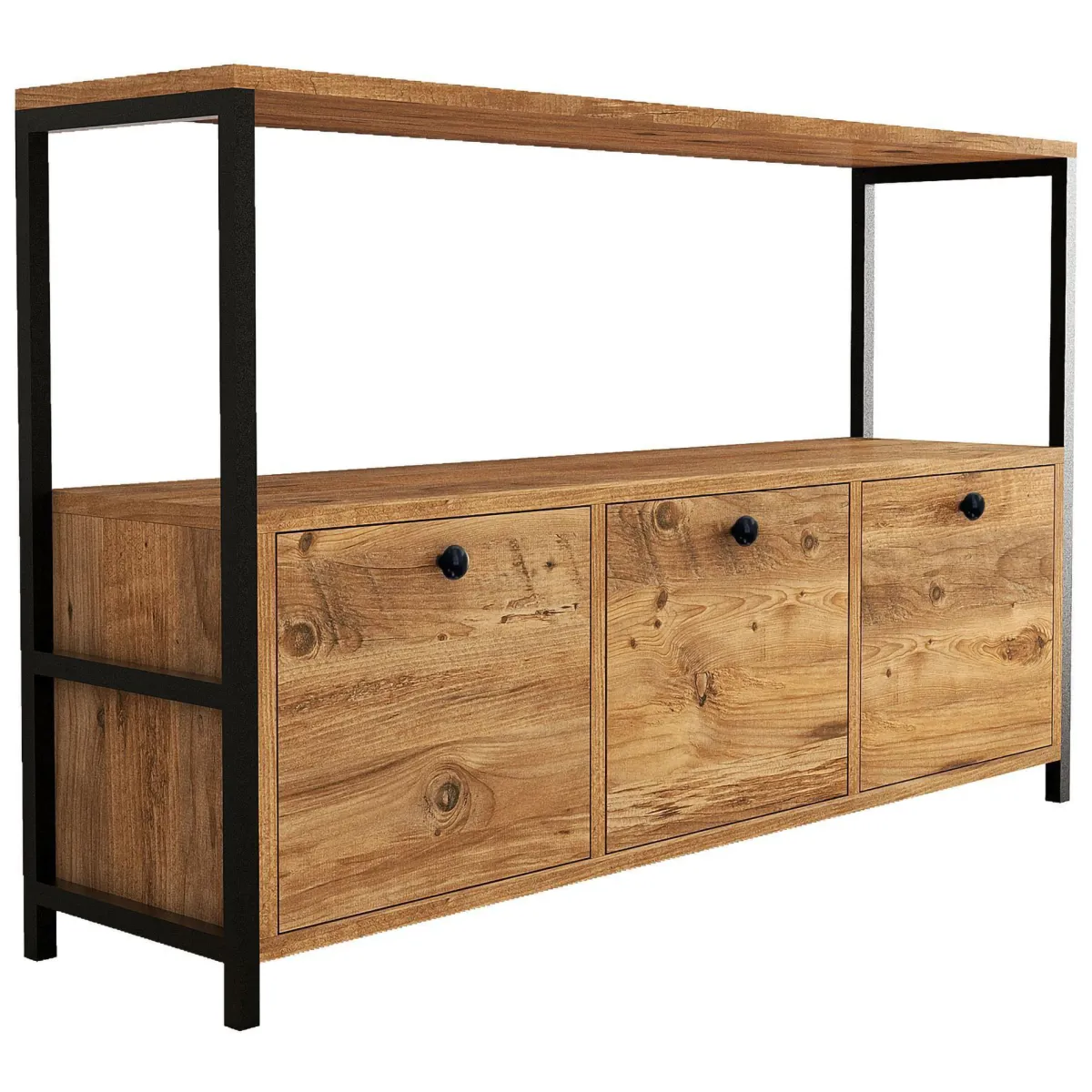 Madie|Credenze > Dmora Credenza Marrone Rovere Nero 4 Vani 3 Ante 120x30x75h cm, Apertura a Ribalta - Amiterno Nero, Marrone Rovere