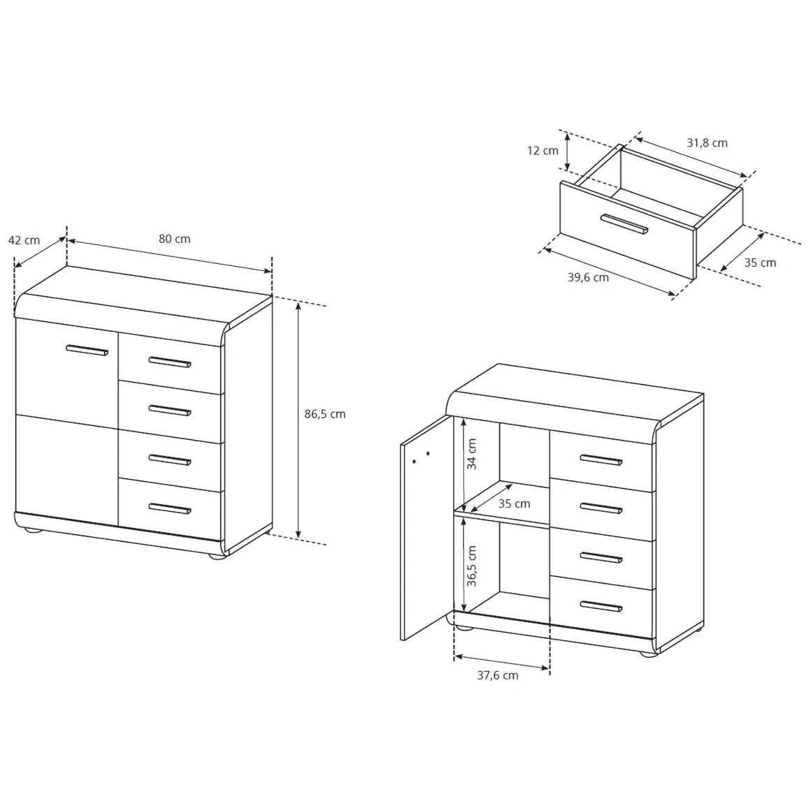 Credenza Marrone Rovere Nero 4 Cassetti 2 Ripiani 80x42x87h cm, Apertura Battente, Scorrevole - Hamo
