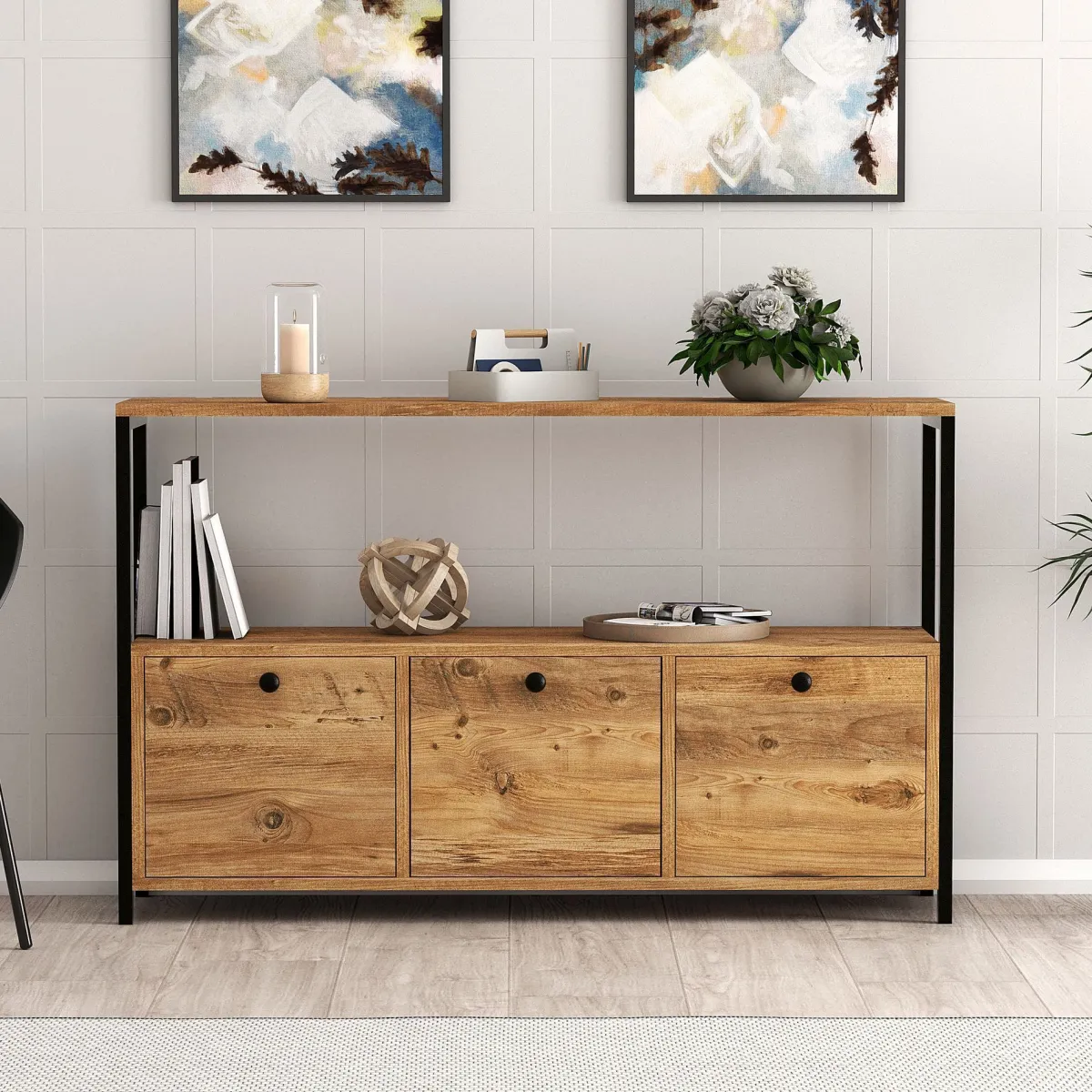 Madie|Credenze > Dmora Credenza Marrone Rovere Nero 4 Vani 3 Ante 120x30x75h cm, Apertura a Ribalta - Amiterno Nero, Marrone Rovere