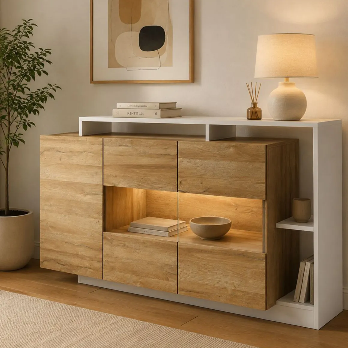 Credenza Marrone Rovere Nero 8 Ripiani Apertura Battente 155x44x94h cm, 3 Ante - Hafa