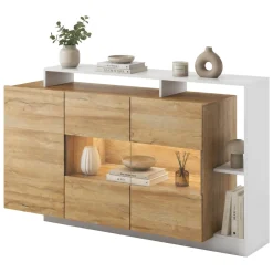 Credenza Marrone Rovere Nero 8 Ripiani Apertura Battente 155x44x94h cm, 3 Ante - Hafa
