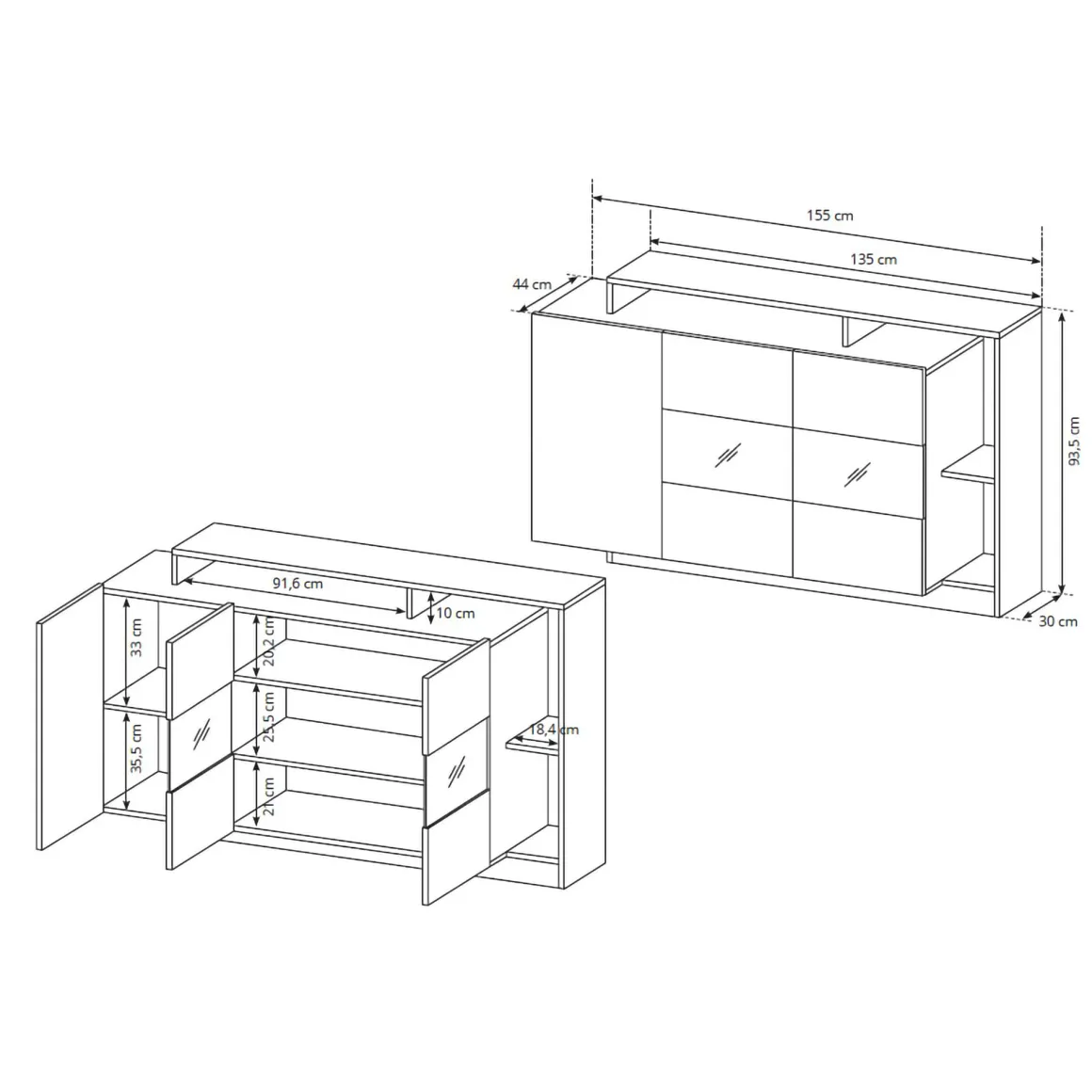 Credenza Marrone Rovere Nero 8 Ripiani Apertura Battente 155x44x94h cm, 3 Ante - Hafa