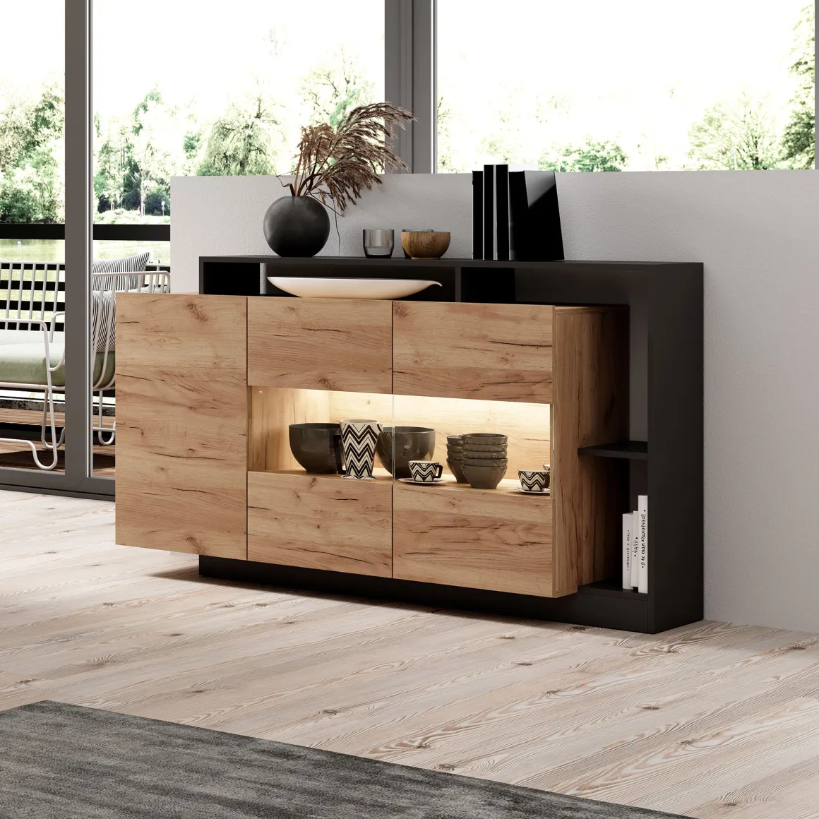 Credenza Marrone Rovere Nero Antracite 7 Ripiani Apertura Battente 155x44x94h cm, 4 Ante - Hafa