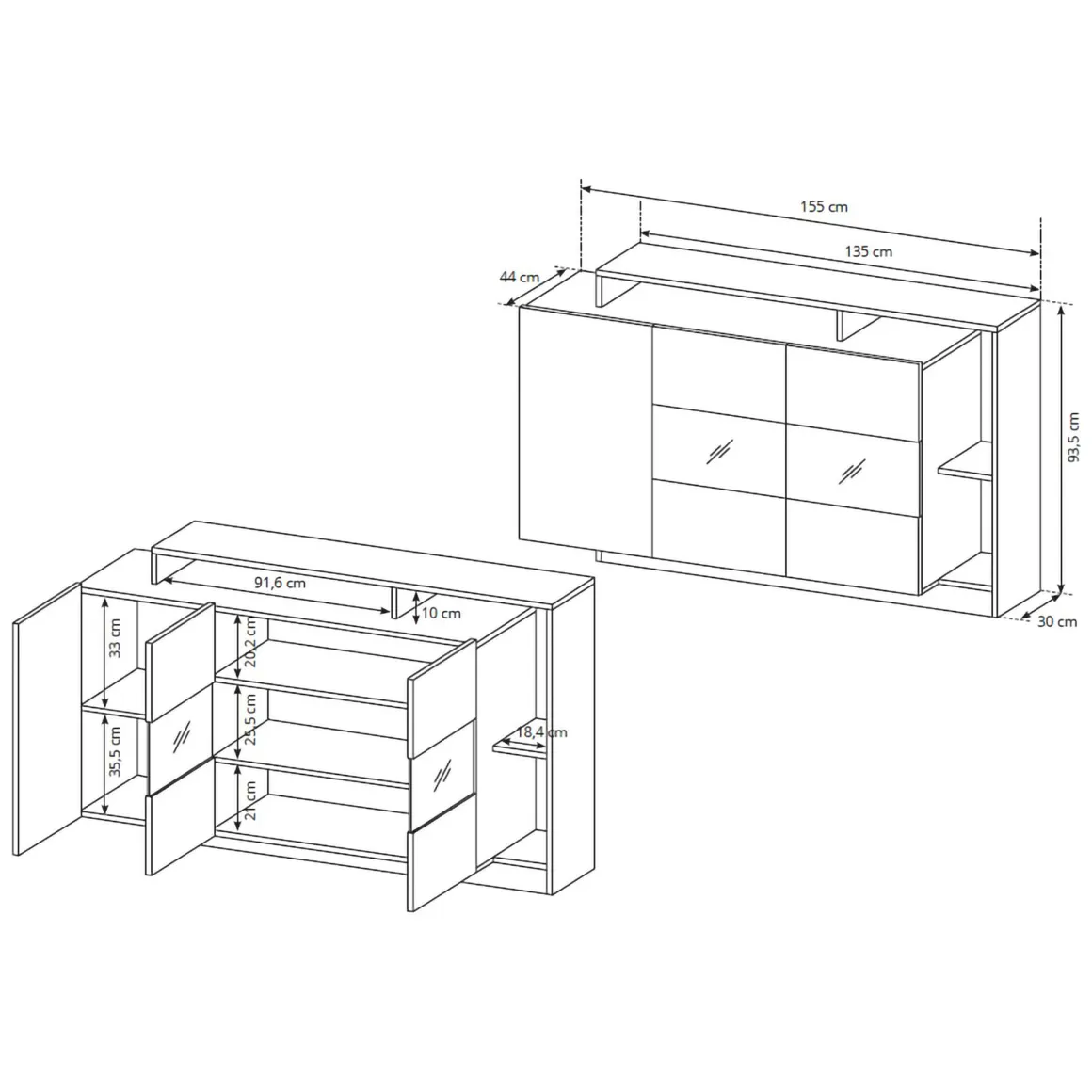 Credenza Marrone Rovere Nero Antracite 7 Ripiani Apertura Battente 155x44x94h cm, 4 Ante - Hafa