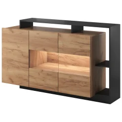 Credenza Marrone Rovere Nero Antracite 7 Ripiani Apertura Battente 155x44x94h cm, 4 Ante - Hafa