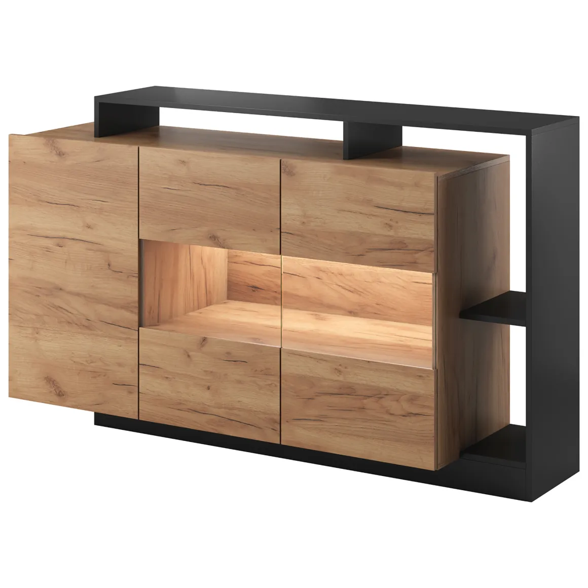 Credenza Marrone Rovere Nero Antracite 7 Ripiani Apertura Battente 155x44x94h cm, 4 Ante - Hafa