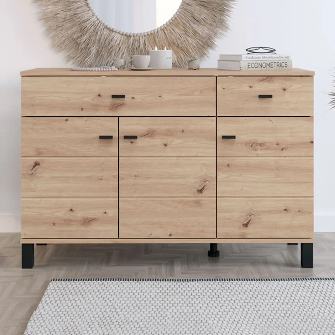 Credenze > Dmora Credenza 4 Ripiani 3 Cassetti 145x35x101h cm, 6 Vani - Valiza Marrone Rovere Nodi