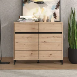 Madie|Credenze > Dmora Credenza Marrone Rovere Nodi Nero 2 Cassetti 2 Ripiani 78x37x99h cm, Apertura Battente - Fiastrone Nero, Marrone Rovere Nodi