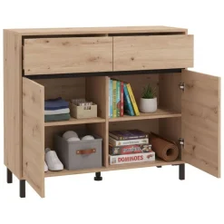 Madie|Credenze > Dmora Credenza Marrone Rovere Nodi Nero 2 Cassetti 2 Ripiani 78x37x99h cm, Apertura Battente - Fiastrone Nero, Marrone Rovere Nodi