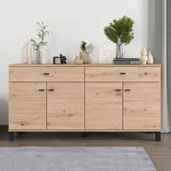 Madie|Credenze > Dmora Credenza Marrone Rovere Nodi Nero 2 Cassetti 4 Ripiani 183x40x90h cm, Apertura Battente, Scorrevole - Grondona Nero, Marrone Rovere Nodi