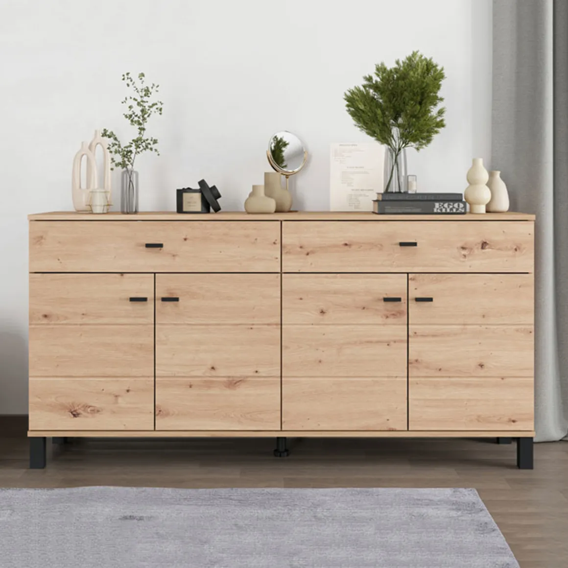 Credenza Marrone Rovere Nodi Nero 2 Cassetti 3 Ripiani 154x35x78h cm, Apertura Battente, Scorrevole - Barich