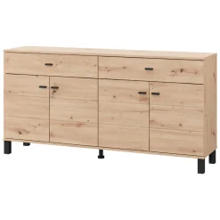 Madie|Credenze > Dmora Credenza Marrone Rovere Nodi Nero 2 Cassetti 4 Ripiani 183x40x90h cm, Apertura Battente, Scorrevole - Grondona Nero, Marrone Rovere Nodi