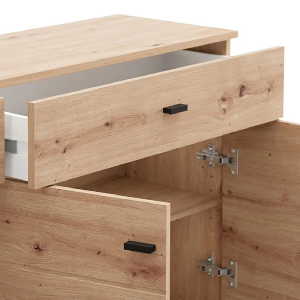 Credenza Marrone Rovere Nodi Nero 2 Cassetti 3 Ripiani 154x35x78h cm, Apertura Battente, Scorrevole - Barich