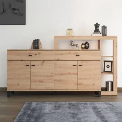 Credenza Marrone Rovere Nodi Nero 2 Cassetti 5 Ripiani 183x35x101h cm, Apertura Battente, Scorrevole - Chefch