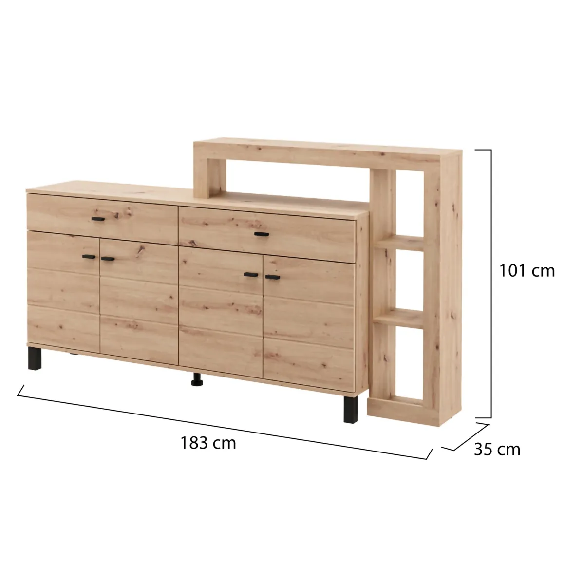 Credenza Marrone Rovere Nodi Nero 2 Cassetti 5 Ripiani 183x35x101h cm, Apertura Battente, Scorrevole - Chefch