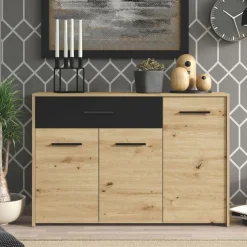 Credenza Marrone Rovere Nodi Nero 2 Ripiani un Cassetto 119x33x80.5h cm, 3 Ante - Sanza