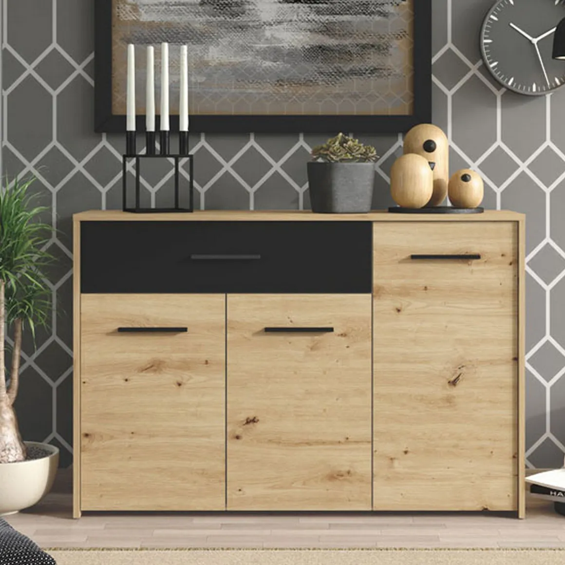 Credenza Marrone Rovere Nodi Nero 2 Ripiani un Cassetto 119x33x80.5h cm, 3 Ante - Sanza
