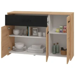 Credenze > Dmora Credenza Marrone Rovere Nodi Nero 3 Cassetti 2 Ripiani 116x35x78h cm, Apertura Battente, Scorrevole - Guatav Nero, Marrone Rovere Nodi