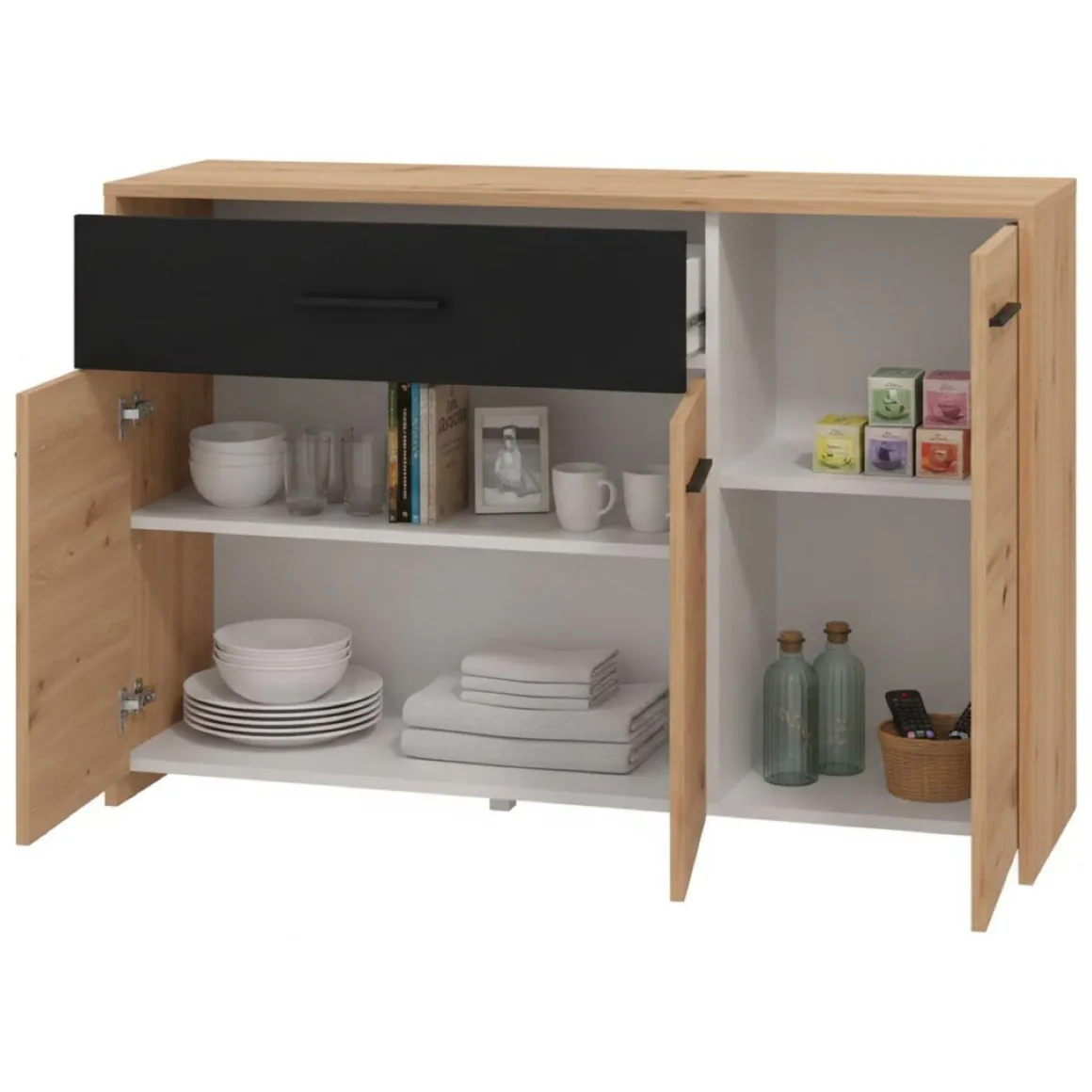 Credenza Marrone Rovere Nodi Nero 2 Ripiani un Cassetto 119x33x80.5h cm, 3 Ante - Sanza