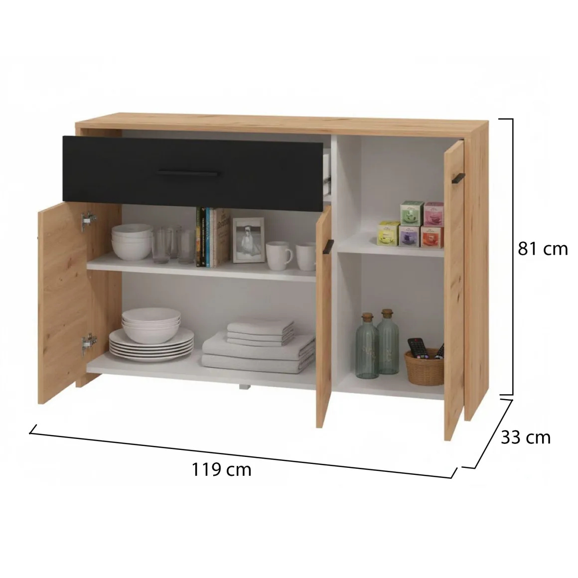 Credenza Marrone Rovere Nodi Nero 2 Ripiani un Cassetto 119x33x80.5h cm, 3 Ante - Sanza