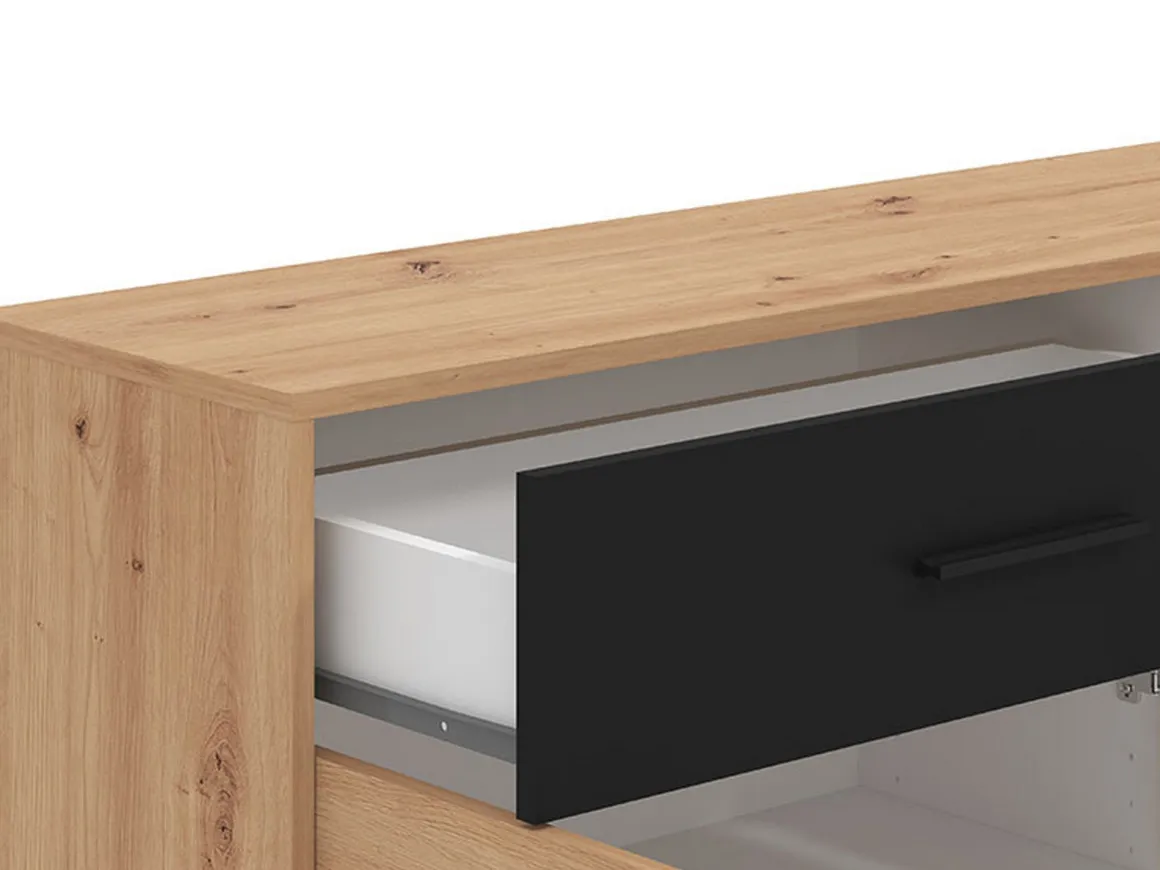 Credenza Marrone Rovere Nodi Nero 2 Ripiani un Cassetto 119x33x80.5h cm, 3 Ante - Sanza