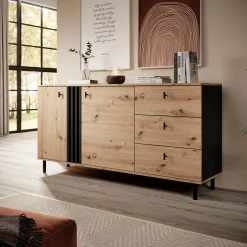 Credenza Marrone Rovere Nodi Nero 3 Cassetti 2 Ripiani 165x40x82h cm, Apertura Battente, Scorrevole - Haradali