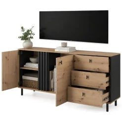 Credenze > Dmora Credenza Marrone Rovere Nodi Nero 3 Cassetti 2 Ripiani 77x35x78h cm, Apertura Battente, Scorrevole - Ollant Nero, Marrone Rovere Nodi