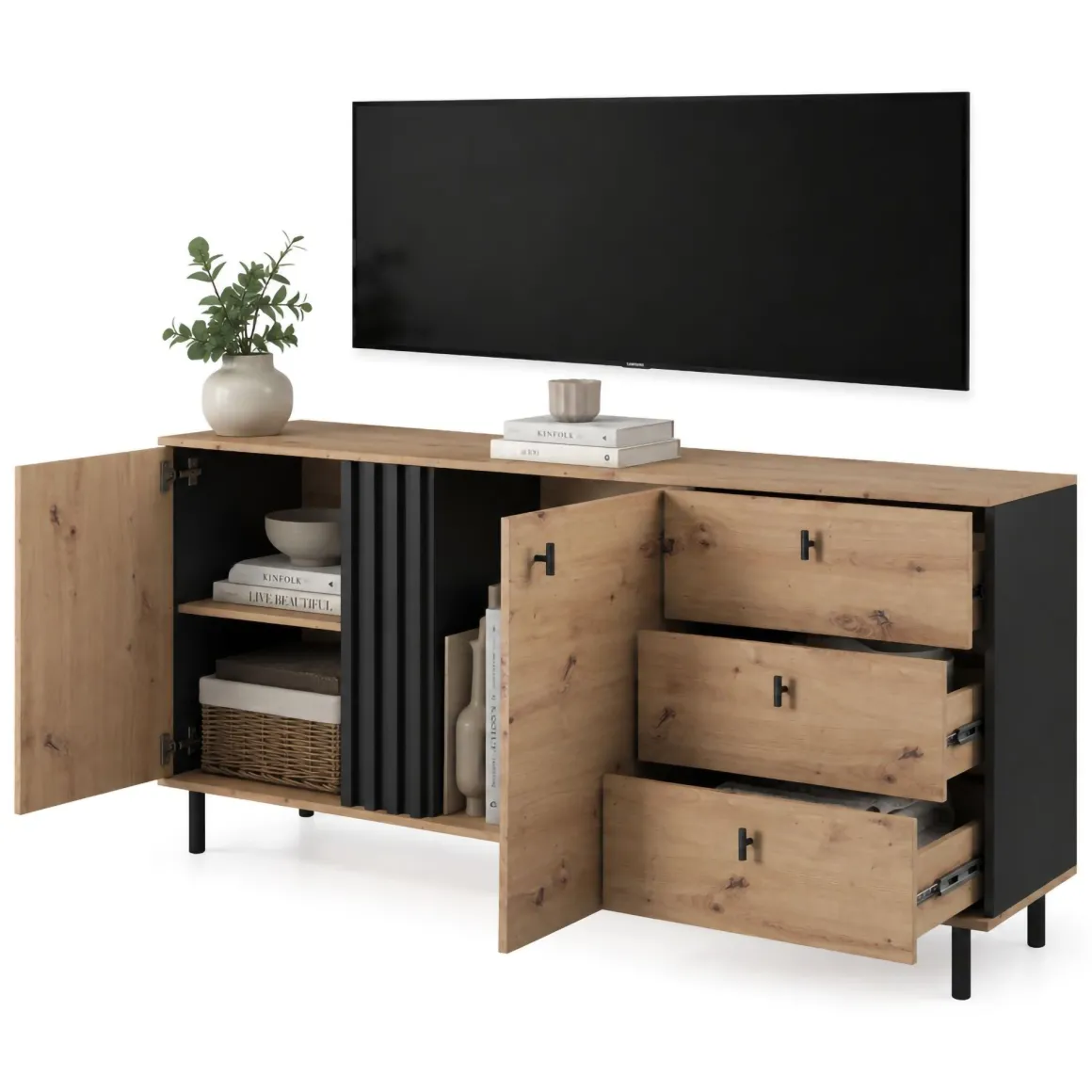 Credenza Marrone Rovere Nodi Nero 3 Cassetti 2 Ripiani 165x40x82h cm, Apertura Battente, Scorrevole - Haradali