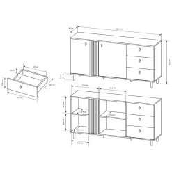 Credenza Marrone Rovere Nodi Nero 3 Cassetti 2 Ripiani 165x40x82h cm, Apertura Battente, Scorrevole - Haradali