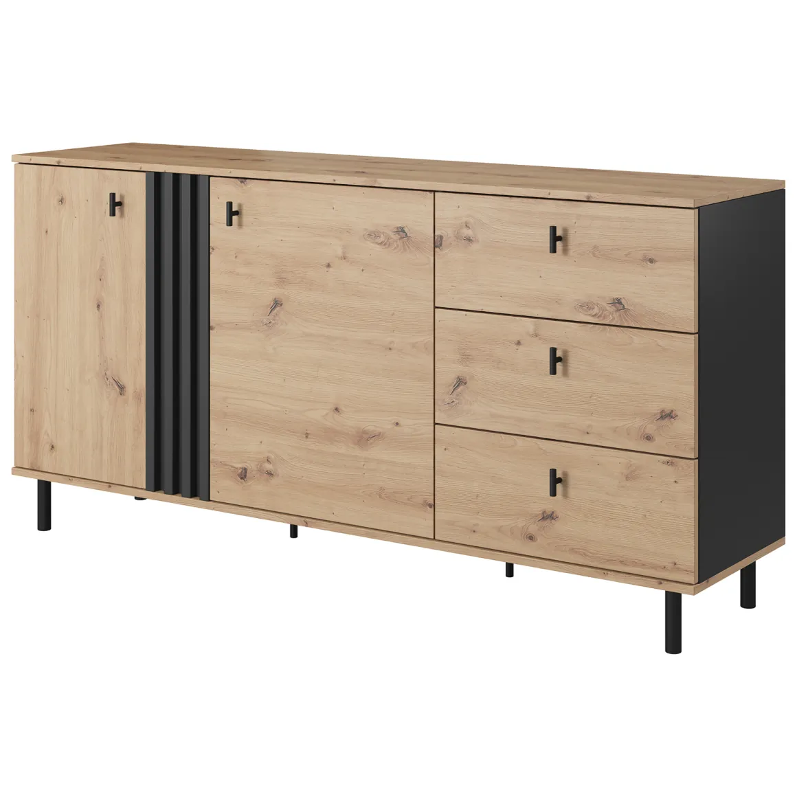 Credenza Marrone Rovere Nodi Nero 3 Cassetti 2 Ripiani 165x40x82h cm, Apertura Battente, Scorrevole - Haradali