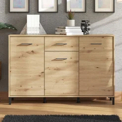 Madie|Credenze > Dmora Credenza Marrone Rovere Nodi Nero 3 Cassetti 3 Ripiani 157x40x90h cm, Apertura Battente e Scorrevole - Giarre Nero, Marrone Rovere Nodi