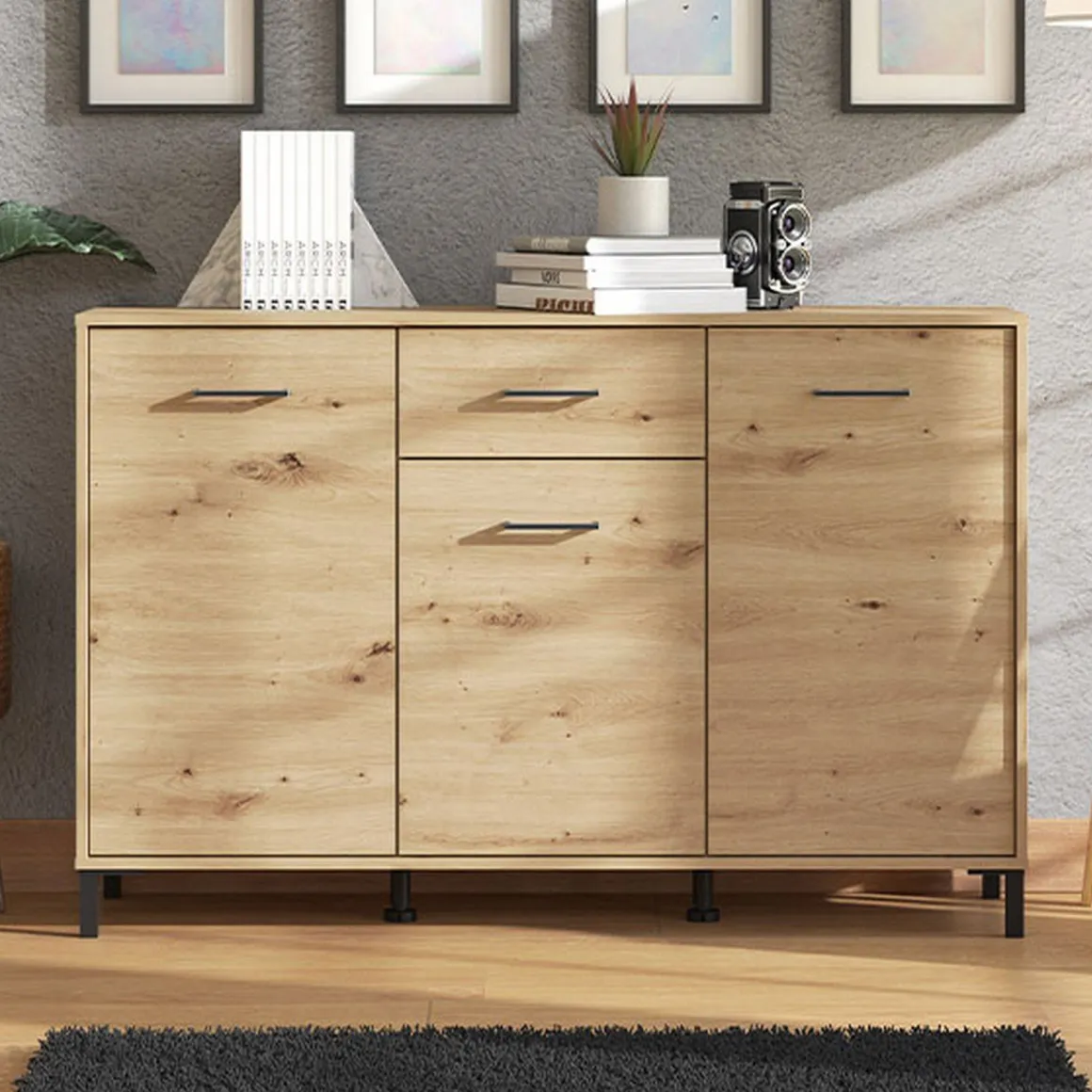 Credenza Marrone Rovere Nodi Nero 3 Cassetti 3 Ripiani 138x40x90h cm, Apertura Battente e Scorrevole - Laerru