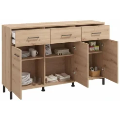 Madie|Credenze > Dmora Credenza Marrone Rovere Nodi Nero 3 Cassetti 3 Ripiani 157x40x90h cm, Apertura Battente e Scorrevole - Giarre Nero, Marrone Rovere Nodi