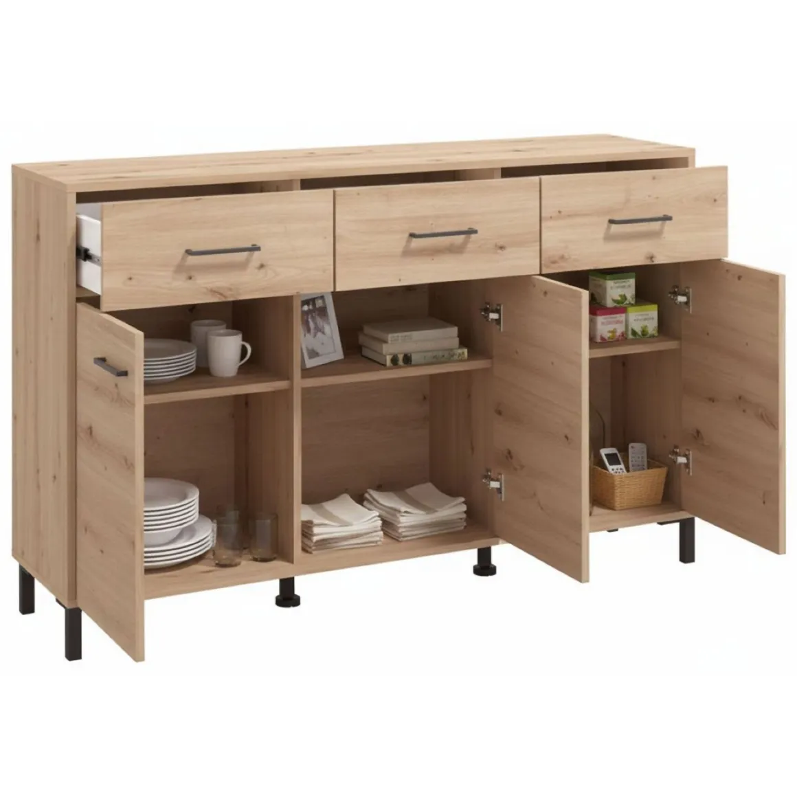 Credenza Marrone Rovere Nodi Nero 3 Cassetti 3 Ripiani 138x40x90h cm, Apertura Battente e Scorrevole - Laerru