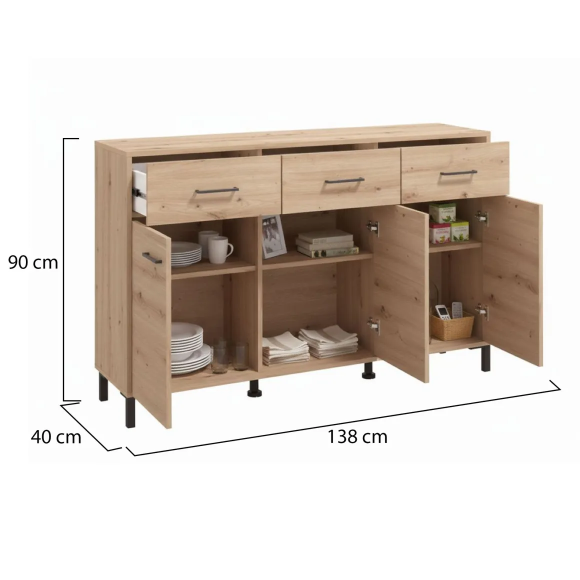 Credenza Marrone Rovere Nodi Nero 3 Cassetti 3 Ripiani 138x40x90h cm, Apertura Battente e Scorrevole - Laerru